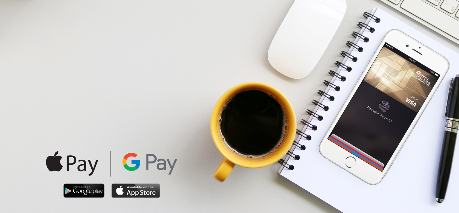 A cup of coffee and an iPhone showing Apple Pay